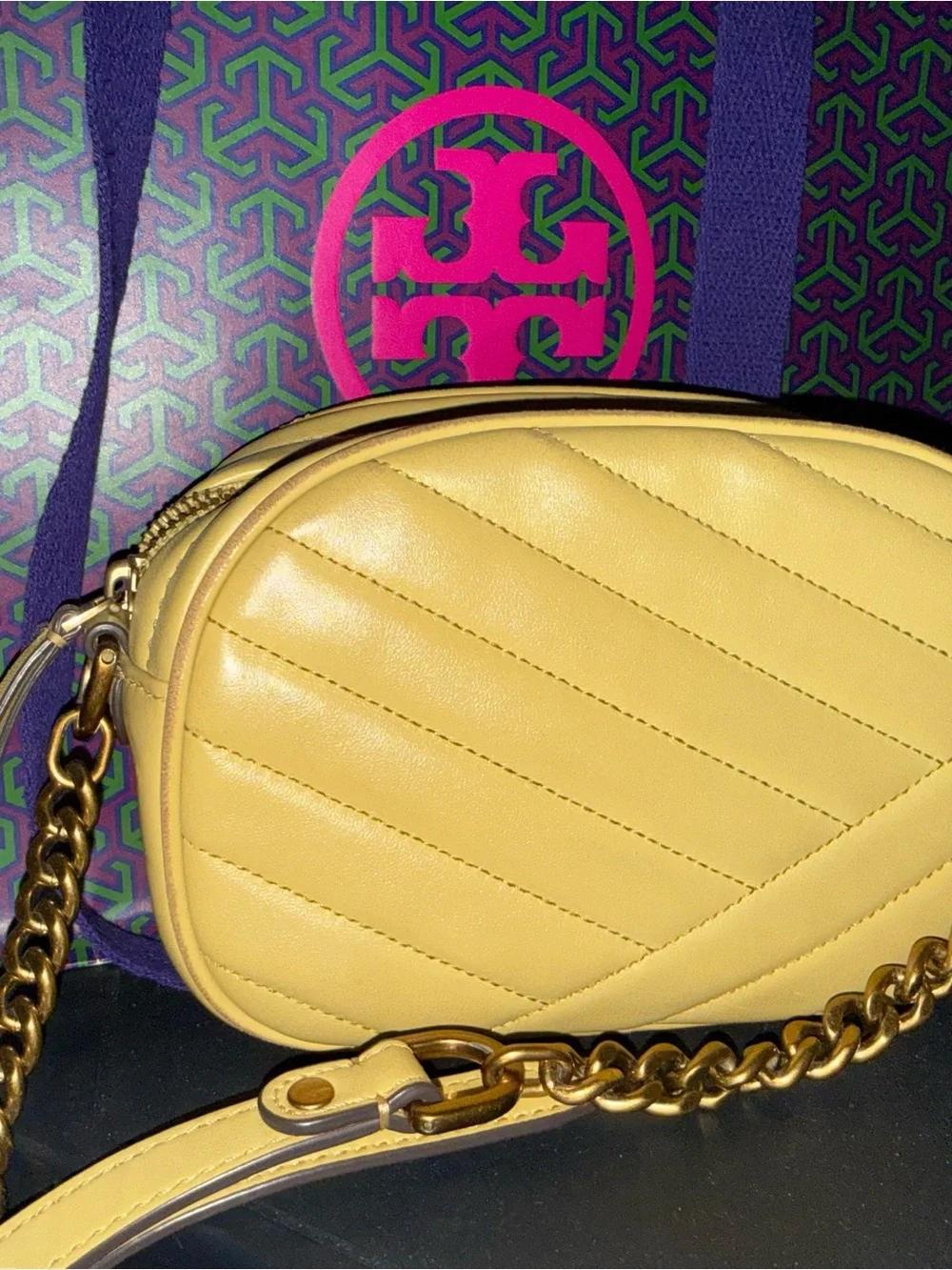 Tory Burch Mustard Quilted Leather Crossbody with Gold Logo